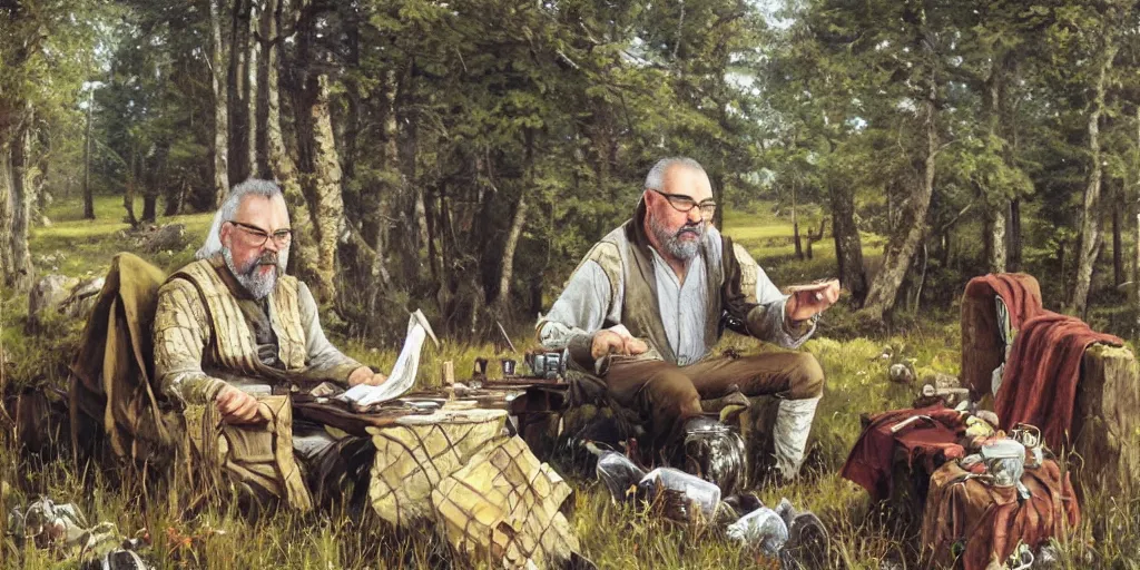 Image similar to Gary Gygax Gary Gygax plays dungeons and dragons in the middle of a field, game dungeons and dragons, Rye (Shishkin), painting by Ivan Shishkin, Ernest Gary Gygax face, photo by Gary Gygax, painting by Valentin Serov, oil painting, hyperrealism, beautiful, high resolution,