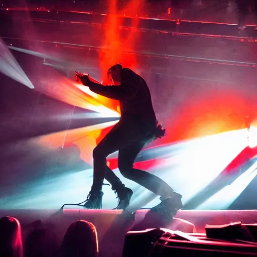 Image similar to Vivid Trent Reznor smashing guitars, group of people on stage playing instruments, elaborate stage effects, dust, smoke, giant LED screens, colored projections, ultrafine detail, cybersuit, glowing thin wires, smoke, high contrast, projections, holography, volumetric lighting