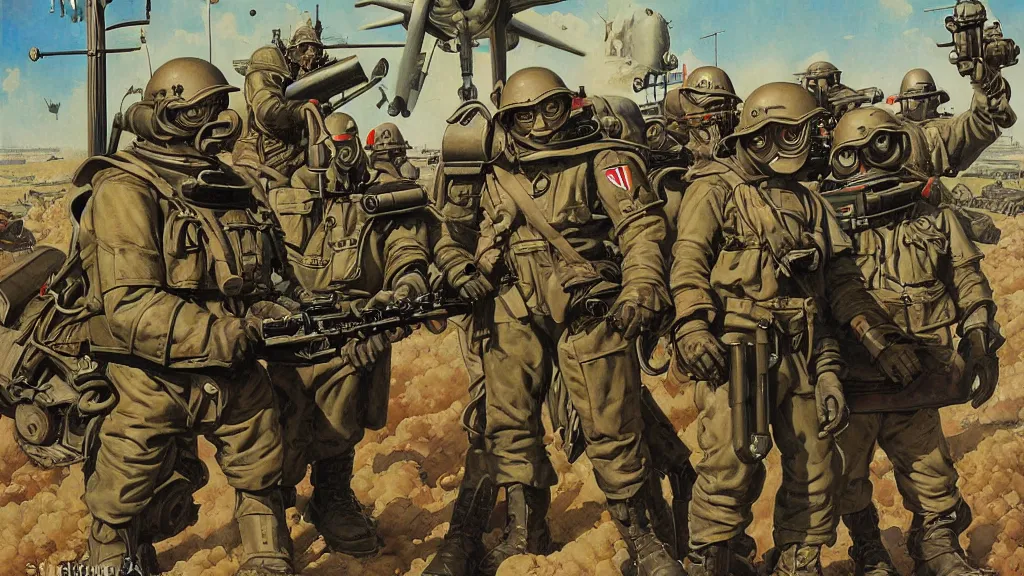 Image similar to American battle mechs of WWII in the style of Norman Rockwell, sci-fi illustrations, propaganda poster, highly detailed, intricate, photorealistic, award-winning, patriotic, american, dark, gritty, oil painting