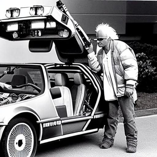 Image similar to doc brown working construction, building a delorean, back to the future - w 7 6 8