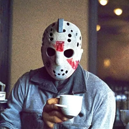 Image similar to photograph of jason voorhees having a coffee at an european caffé