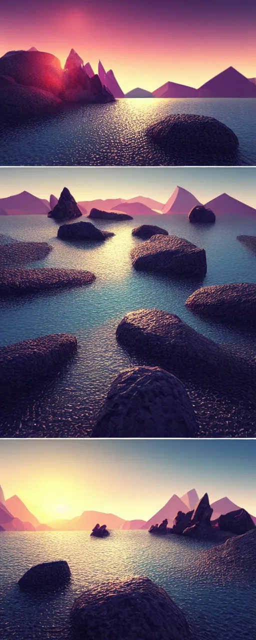 Image similar to super detailed color lowpoly art, northern sunset with rocks on front, monochrome photorealistic bay in the middle of perspective and mountains at background, big graphic ship in random point of bay, unreal engine, high contrast color palette, 3 d render, lowpoly, colorful, digital art, perspective