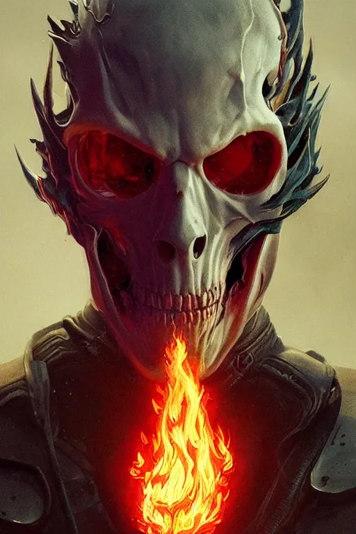 Image similar to Portrait of Ryan Gosling as Ghost Rider, half human face and half flame skull, marvel, dark, intricate, highly detailed, smooth, artstation, digital illustration by Ruan Jia and Mandy Jurgens and Artgerm and Wayne Barlowe and Greg Rutkowski and Zdislav Beksinski