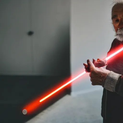 Image similar to elderly man with lightsaber, canon eos r 3, f / 1. 4, iso 2 0 0, 1 / 1 6 0 s, 8 k, raw, unedited, symmetrical balance, in - frame