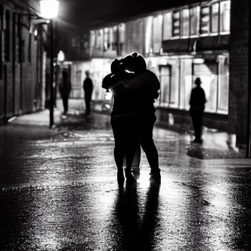 Prompt: an emotional picture of two shadowy figures hugging each other at night in an ally, it is raining heavily, 35mm, motion blur, long exposure, there is traffic