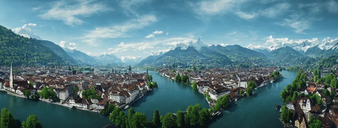 Prompt: Photo of Zurich, looking down the river at the lake and the alps, Hardturm, Grossmünster, wide angle, trees, volumetric light, hyperdetailed, caribean water, artstation, cgsociety, 8k