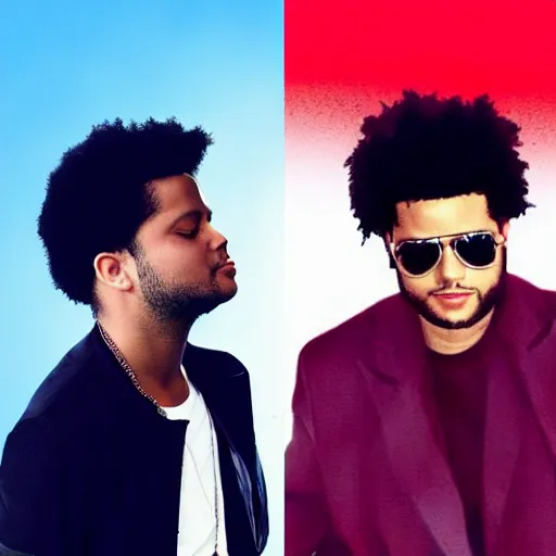 Prompt: Michael Jackson and Abel tesfaye, red background