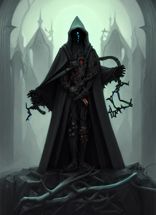 Prompt: pencil sketch of the necromancer, wearing a black cloak, by peter mohrbacher, hyper detailed, crisp