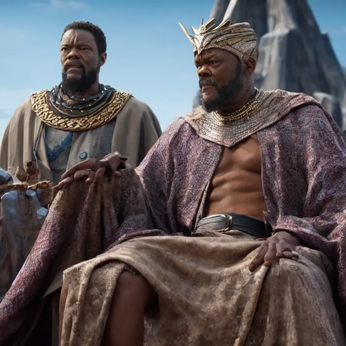 Image similar to film still of Samuel L Jackson as King T-Chaka in Black Panther, 4k