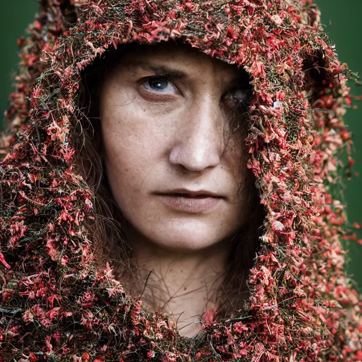 Image similar to a closeup portrait of a woman wearing a hooded cloak made of zinnias and barbed wire, in a derelict house, detailed face, CANON Eos C300, ƒ1.8, 35mm, 8K, medium-format print