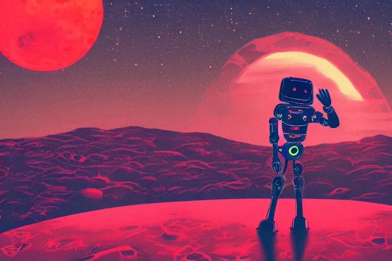 Image similar to a robot standing on mars in the style of flooko, acrylic art, detailed, moonlight, red lighting, bokeh, synthwave, psychedelic, glitch, neon,