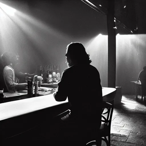 Image similar to a still of jesus sitting down on a stool at the bar, last call. it's dark and smoky. god rays through fog.