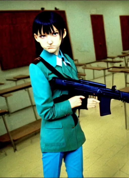 Prompt: Turquoise haired school-girl in a soviet school uniform holding an assault rifle, still from Serial Experiments Lain, high resolution