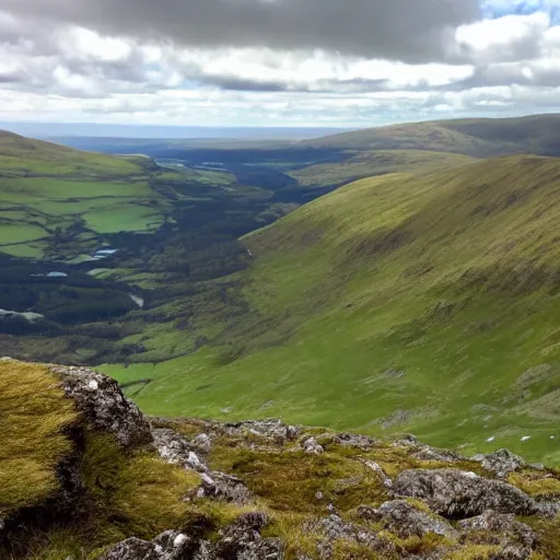 Image similar to view from the top of a scottish mountain towards a lush valley