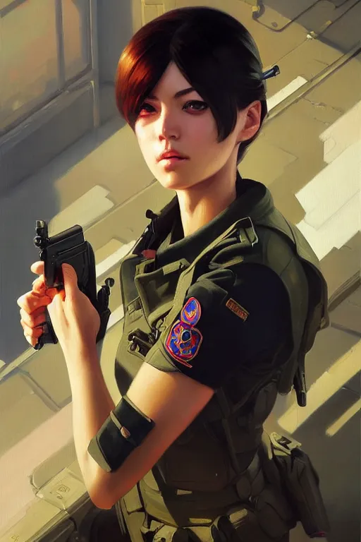 Image similar to a ultradetailed beautiful panting of a stylish swat woman, oil painting, by ilya kuvshinov, greg rutkowski and makoto shinkai