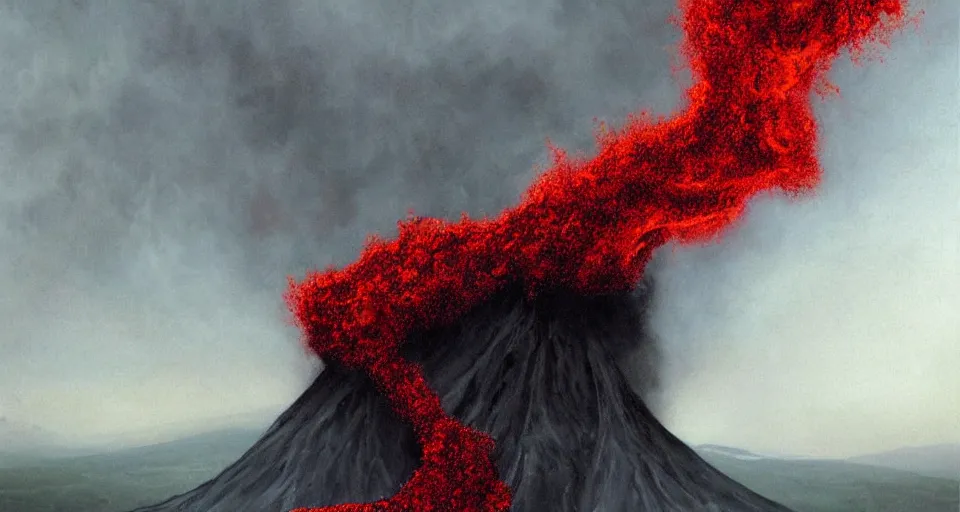 Image similar to a volcano made of ivory vines and crimson rocks enters in eruption, it spits a smoke in the shape of demonic eye, by lee madgwick