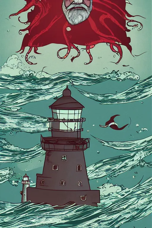 Image similar to old man and the sea, seaweed in his beard, a marine creature grabs a lighthouse in the background, 6 0'space poster illustration, grain