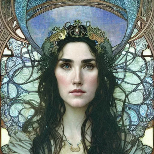 Prompt: realistic detailed face portrait of Jennifer Connelly as a beautiful young medieval queen by Alphonse Mucha, Ayami Kojima, Amano, Charlie Bowater, Karol Bak, Greg Hildebrandt, Jean Delville, and Mark Brooks, Art Nouveau, Gothic Revival, Pre-Raphaelite, Neo-Gothic, gothic, rich deep moody colors, Art Nouveau