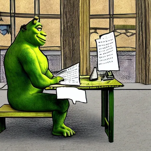 Image similar to Shrek sitting down taking a GCSE exam, school hall, secondary school, single seat desk, full hall, photorealistic, 4k