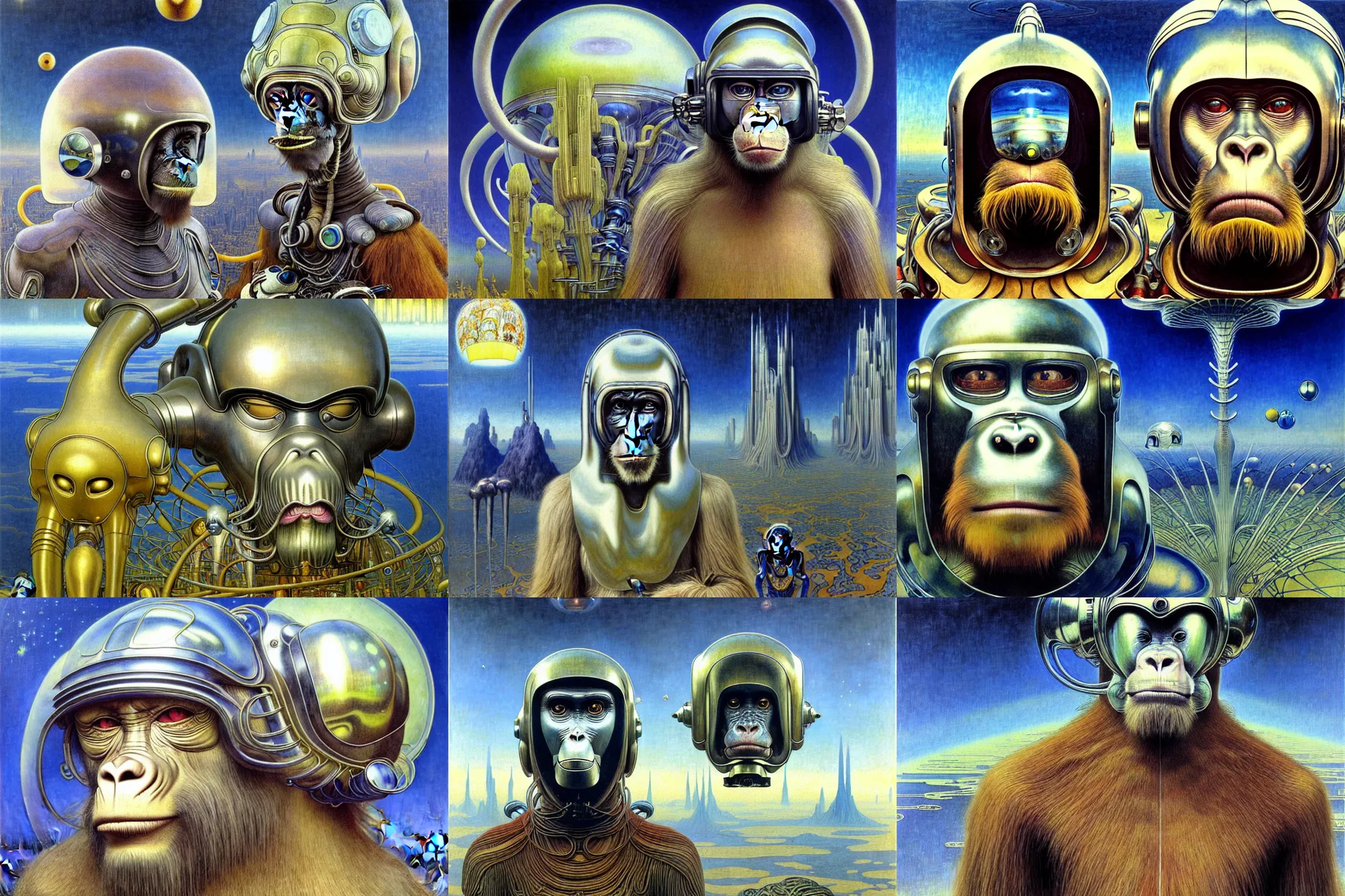 Prompt: realistic extremely detailed portrait painting of a wise ape wearing sci-fi helmet, futuristic sci-fi city landscape on background by Jean Delville, Amano, Yves Tanguy, Alphonse Mucha, Ernst Haeckel, Edward Robert Hughes, Roger Dean, rich moody colours, silver hair and beard, blue eyes
