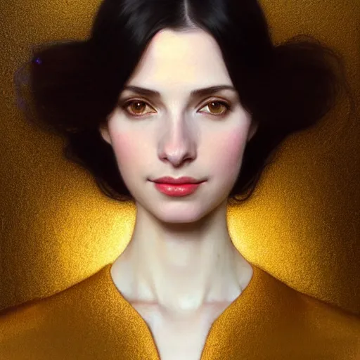 Image similar to portrait of a smiling, beautiful, pale skin eastern european female with long black hair, dark brown eyes, elegant clothing, photorealistic, highly detailed, artstation, smooth, sharp focus, gold ornaments, neon lighting, sci - fi, art by gustav klimt, artgerm, greg rutkowski and alphonse mucha