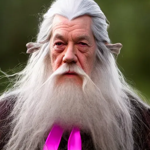 Prompt: gandalf with a pink ribbon tied into his hair