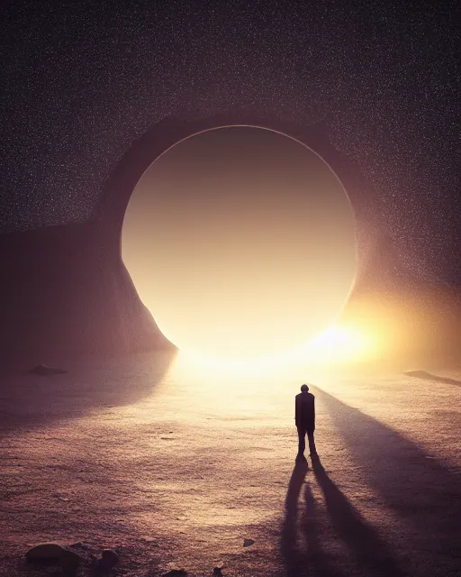 Image similar to a person standing in front of a glowy open door that's on a barren moon, poster art by mike winkelmann, trending on cg society, space art, sci - fi, ue 5, futuristic, volumetric lighting, light casting onto the ground, neat composition and camera angle