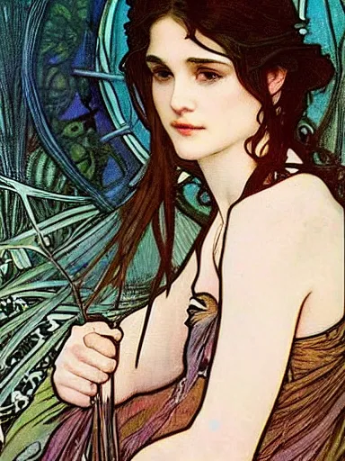 Image similar to a beautiful painting of young winona ryder by Alphonse Mucha and by Mark Brooks and by john william waterhouse and by arthur rackham, Art Nouveau, Neo-Gothic, gothic, award winning painting, hyperdetailed, detailed