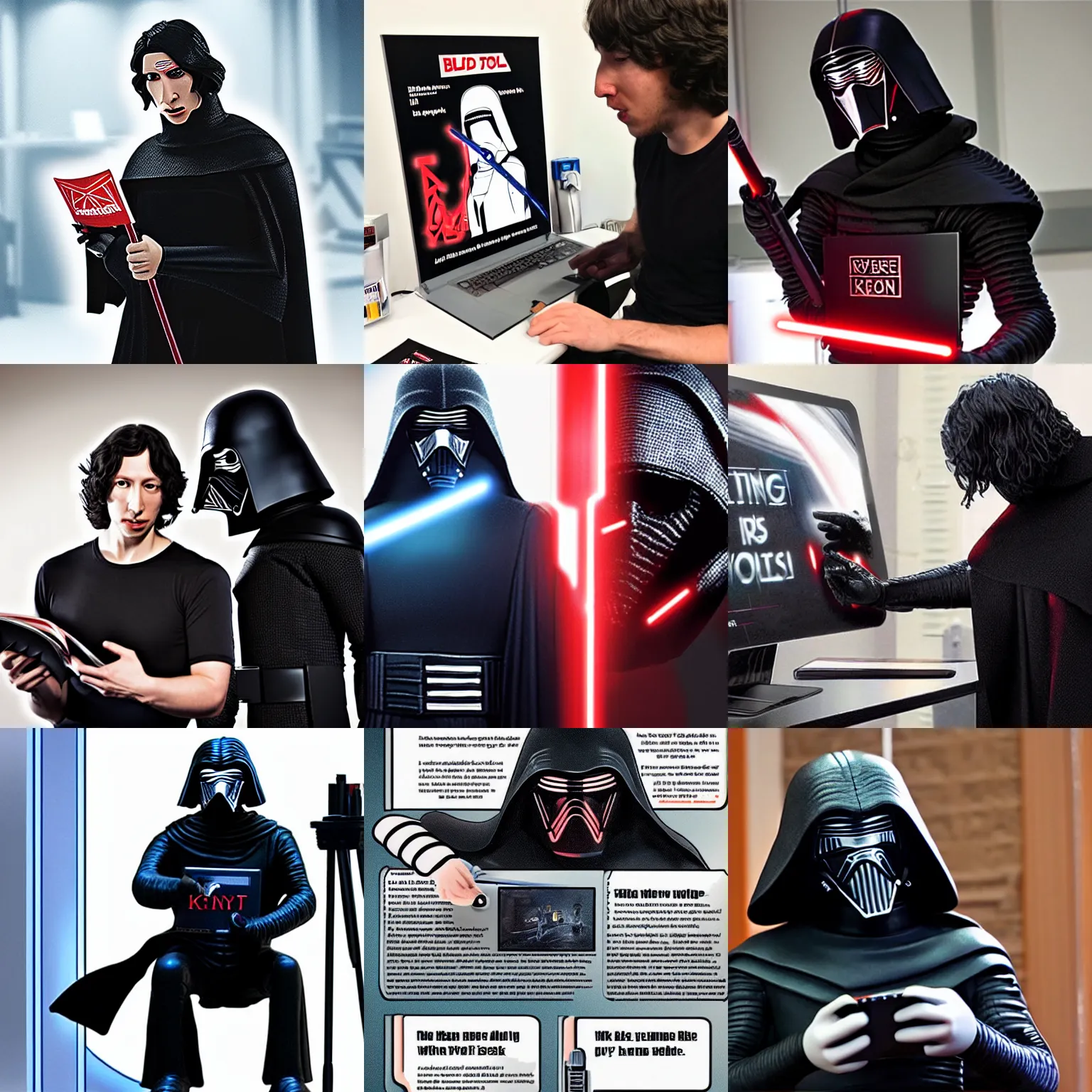 Prompt: Kylo Ren reading an instruction manual and building a pc