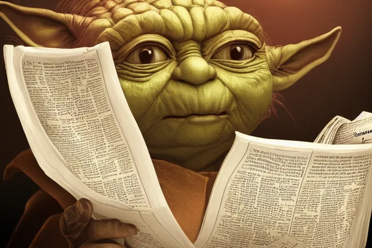 Image similar to a beautiful ultradetailed fine art photo of yoda reading a newspaper in a monastery, by tom bagshaw and zach sutton, backlight, 5 0 mm lens, closeup shot, bokeh, golden ratio composition, sunset golden hour hues, very detailed, artstation, 8 k, highly coherent