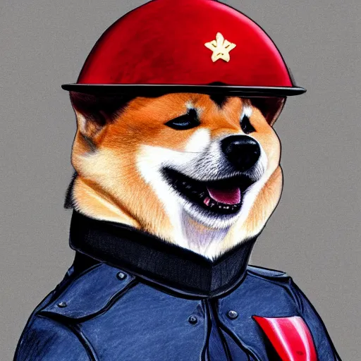 Image similar to A drawing of a Shiba Inu dog wearing a soldier's helmet, realistic, color