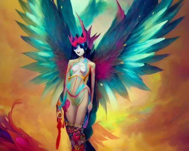 Prompt: colorful and vibrant masked Kawaii woman with wings, by Akihiko Yoshida and Peter Mohrbacher, anime artwork in artstation