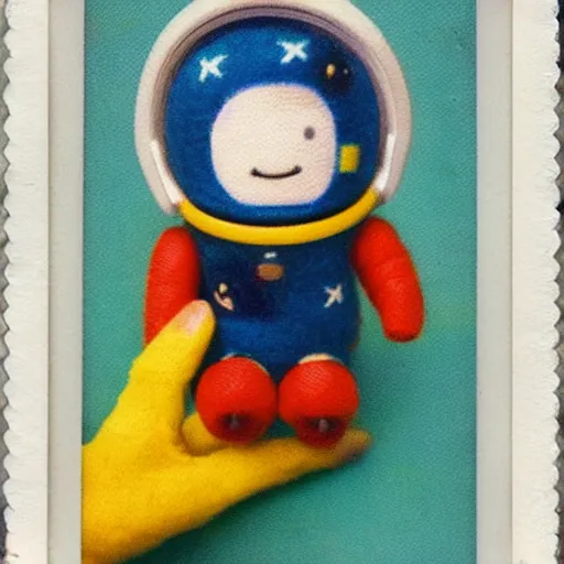 Prompt: polaroid of a cute toy wool astronaut in real space