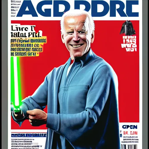 Image similar to joe biden as a jedi with green lightsaber cover of magazine. High quality.