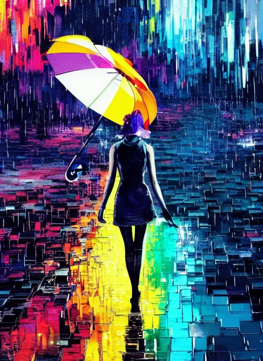 Prompt: a lonely girl with an umbrella alone in vast cyberspace, glitching through the rain, sunburst background, wearing sunglasses, futuristic clothes, vibrant colors, glitchy, rule of thirds, spotlight, drips of paint, expressive, passionate, by greg rutkowski, by jeremy mann, by francoise nielly, by van gogh, digital painting