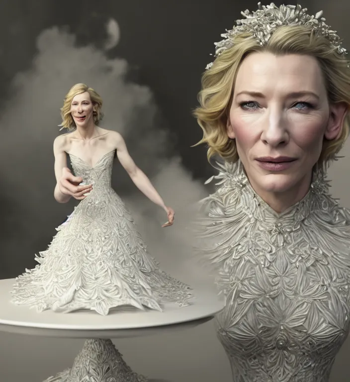 Prompt: cate blanchett emerging from a wedding cake, intricate, elegant, white mist, suburban home, product shot, macro, highly detailed, dramatic lighting, symmetrical face, sharp focus, octane render, trending on artstation, artstationhd, artstationhq, unreal engine, 4 k, 8 k