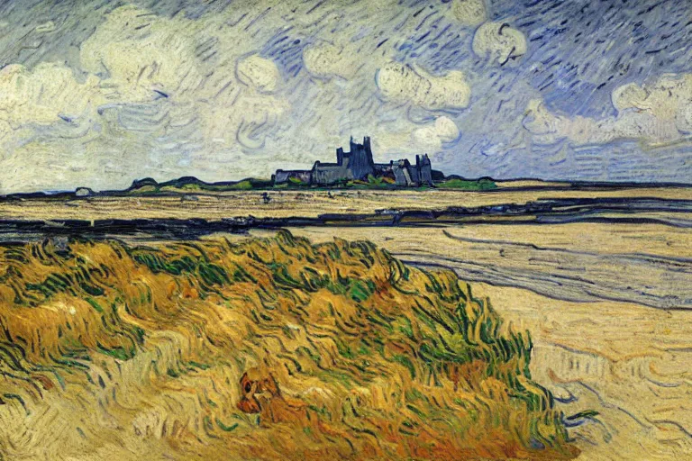 Image similar to landscape of bamburgh castle and beach painted by Vincent Van Gogh