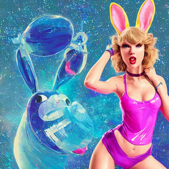 Image similar to portrait of Taylor Swift as Lola Bunny in Space Jam 1996. bunny ears. intricate abstract. intricate artwork. by Tooth Wu, wlop, beeple, dan mumford. octane render, trending on artstation, greg rutkowski very coherent symmetrical artwork. cinematic, hyper realism, high detail, octane render, 8k, iridescent accents