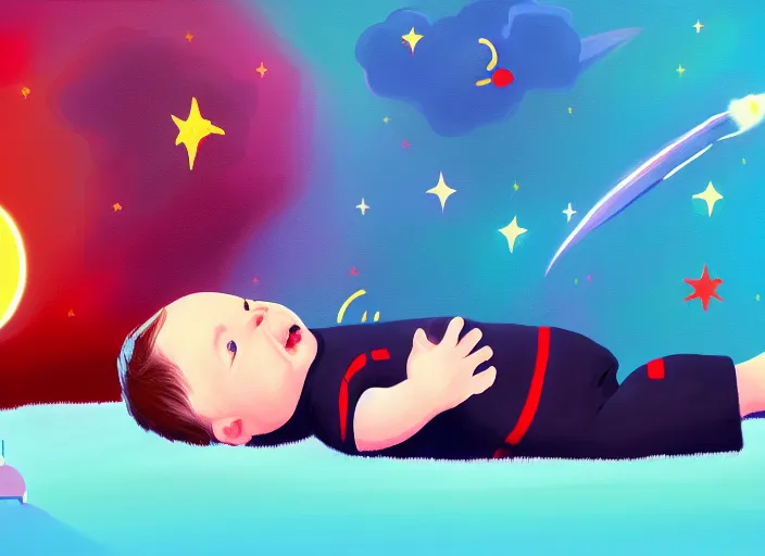 Prompt: toddler elon musk lying on a fluffy rug playing with his space rockets, digital painting, painterly, soft cinematic lighting, artstation