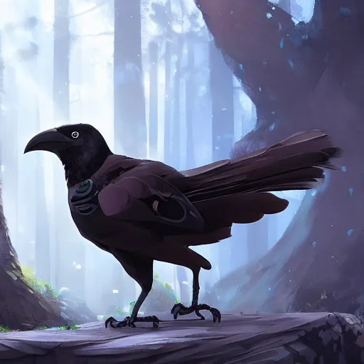 Image similar to concept art painting of an anthropomorphic steampunk crow, in the deep forest, realistic, detailed, cel shaded, in the style of makoto shinkai and greg rutkowski and james gurney