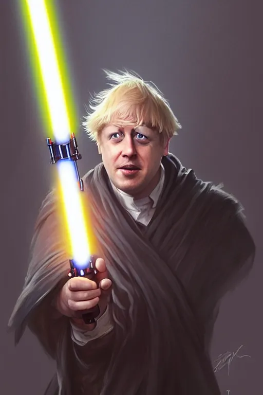 Image similar to Boris Johnson as a Jedi from Star Wars, Union Jack light saber, realistic portrait, symmetrical, highly detailed, digital painting, artstation, concept art, smooth, sharp focus, illustration, cinematic lighting, art by artgerm and greg rutkowski and alphonse mucha