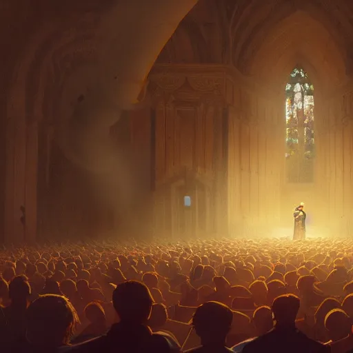 Image similar to pastor Dante Gebel giving a sermon message before a large crowd, artstation, Greg rutkowski, cinematic, digital Art