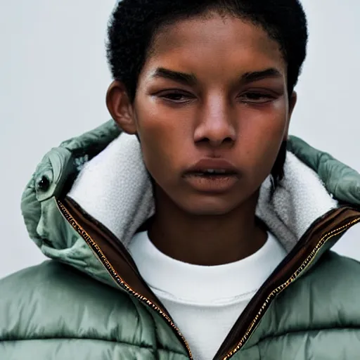 Image similar to realistic photoshooting for a new balenciaga lookbook color film photography close up portrait of a beautiful woman model, model wears a puffer jacket, photo in style of tyler mitchell, ssense