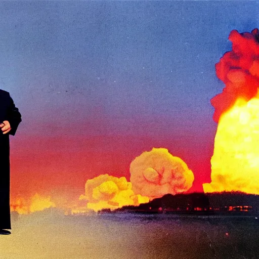 Image similar to nuclear explosion with kim jong un standing in the background