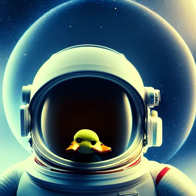 Image similar to epic portrait of an astronaut duckling, awesome gorgeous symmetrical perfect octane vfx maya render realistic