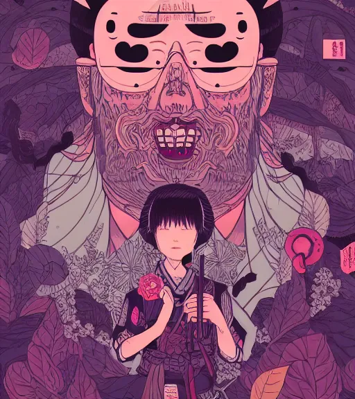 Prompt: portrait, nightmare anomalies, leaves with samurai by miyazaki, violet and pink and white palette, illustration, kenneth blom, mental alchemy, james jean, pablo amaringo, naudline pierre, contemporary art, hyper detailed