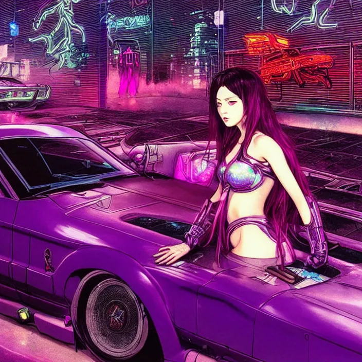 Prompt: a beautiful girl in a cyberpunk costume is standing near a ford mustang, neon lights, super realistic, extremely high detail, glowing purple, vibrant red, concept art, art by Takato Yamamoto