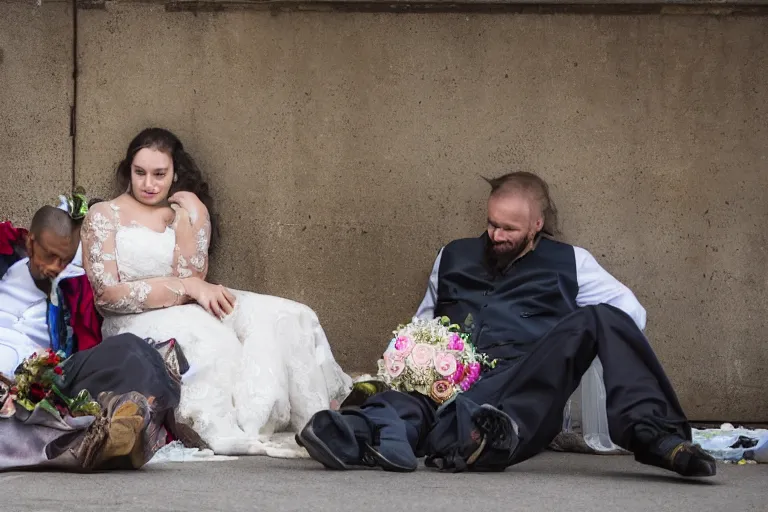 Image similar to wedding photography, two homeless people are getting married, homeless guests, professional photo