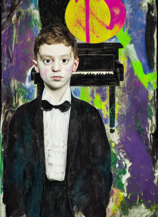 Prompt: portrait of a child piano player in tuxedo painted by vincent lefevre and hernan bas and pablo amaringo and pat steir and hilma af klint, psychological, photorealistic, dripping paint, washy brush, rendered in octane, altermodern, masterpiece