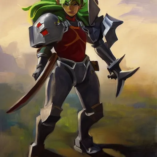 Image similar to greg manchess portrait painting of armored link from legend of zelda as overwatch character, medium shot, asymmetrical, profile picture, organic painting, sunny day, matte painting, bold shapes, hard edges, street art, trending on artstation, by huang guangjian and gil elvgren and sachin teng